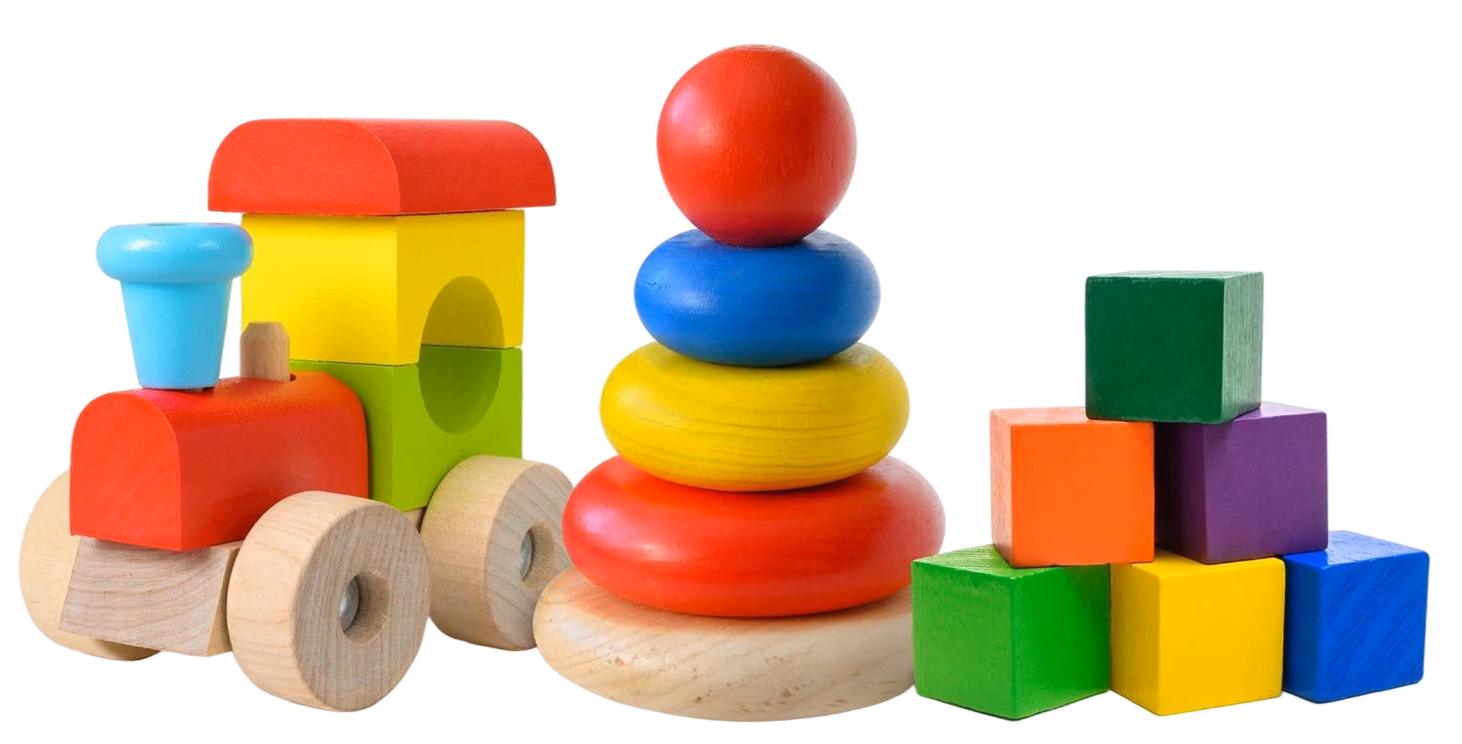 Colorful wooden toy train, stackable rings, and a pile of multicolored wooden blocks.