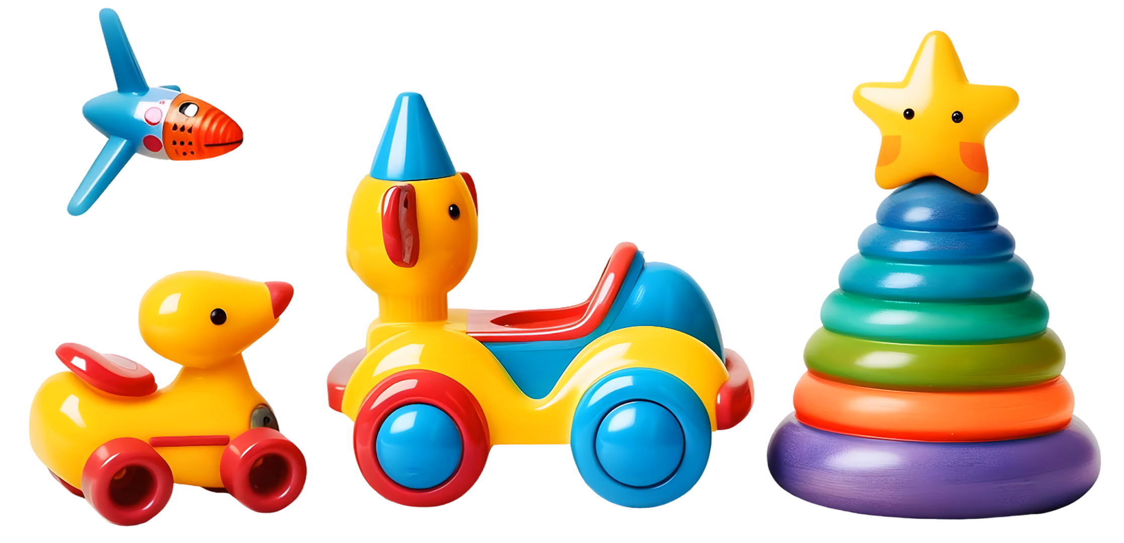 Colorful plastic children's toys: a duck on wheels, a car with a dog figure, and a rainbow stacking ring with a star on top.